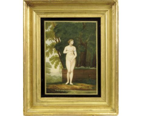  A George III reverse glass painting of the Medici Venus, 23.6 x 17.8cm, in a moulded giltwood frame, the verso with two prin