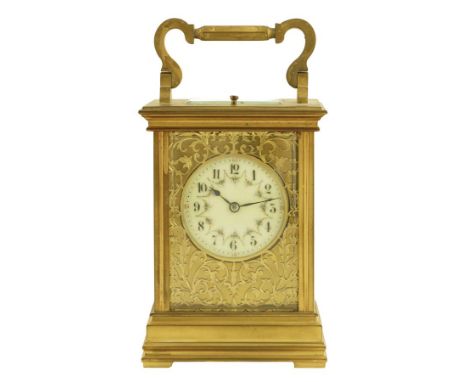  A French gilt brass repeating carriage clock, the platform lever escapement striking on a gong, stamped 'PARIS E. G. L.', wi