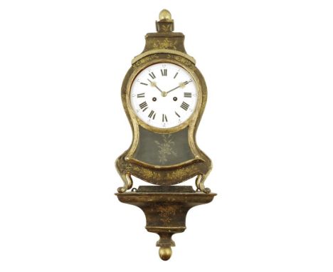  A Swiss Neuchatel bracket clock and bracket, the white enamel dial, hands with applied gilt sunburst appliques, verge escape