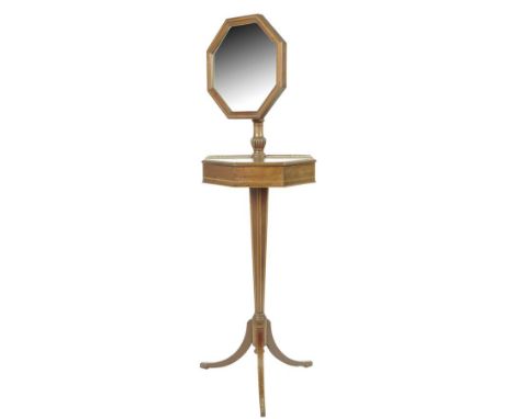 A late Victorian mahogany and satinwood banded shaving stand, inlaid with boxwood stringing, the adjustable octagonal bevell