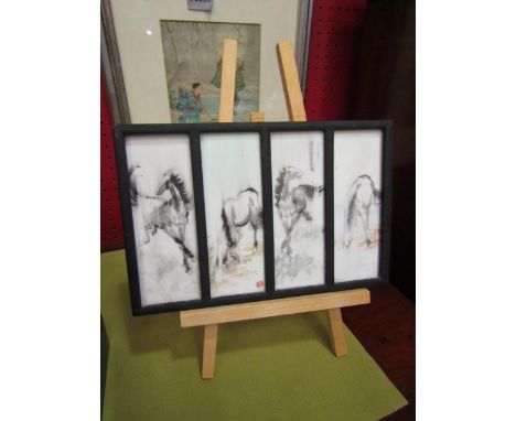 Four Xu Beihong (1895-1953) ink paintings of wild horses on tiles in one frame, 15cm x 23cm total, complete with easel 