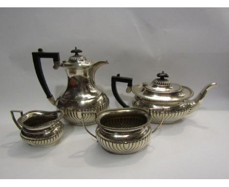 A fluted silver plated tea set consisting of coffee pot, teapot, sugar bowl and jug (4) 