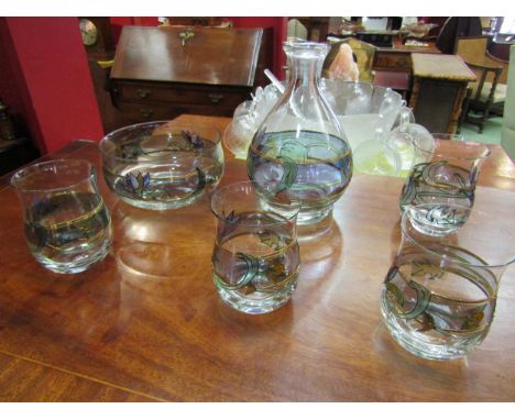 A glass Nagel West German "Exklusiv Design" carafe flask, four glasses and fruit bowl, hand blown and painted in an Art Nouve