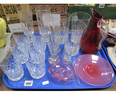 Pair of Vine Etched Slender Goblets, two XIX Century measures, cranberry lily dish, ruby glass jug, etc:- One Tray