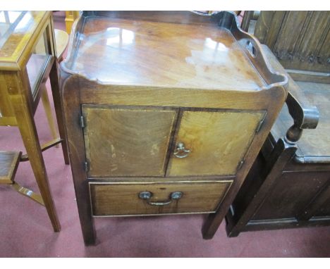 A Late XVIII Century Mahogany Commode, with a tray top over twin inlaid cupboard doors, single drawer on square legs 51cm x 7