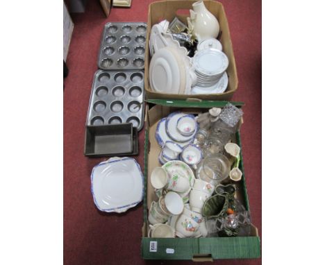 Tea and Dinner Ware, ornaments, cut glass decanter and vases, Fauna ware, bun and loaf tins:- Two Boxes