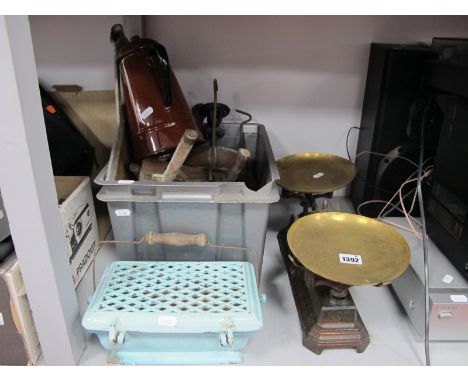 Weights, Five Kilo Scales, paraffin lamp, tools, enamelled pot pourri, hot water jug.
