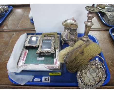Hallmarked Silver Backed Brush (damaged), silver plated photo frames, candlestick, toast rack, jug, etc:- One Tray