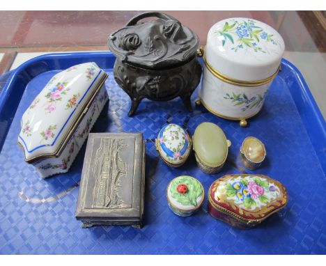 Two Limoges Trinket Boxes, two larger examples, Bombe style metal box, Halcyon Days and three others.
