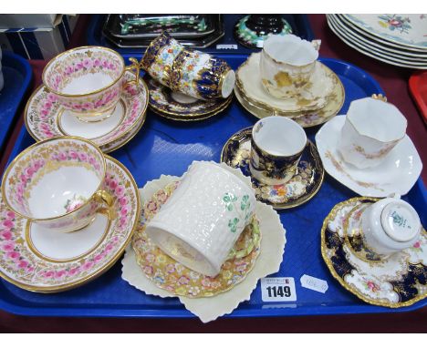 Copelands China for T. Goode Pink Rose Trios x 2,Beleek mug, two saucers, Coalport cobalt blue cabinet cup and saucer, Aynsle