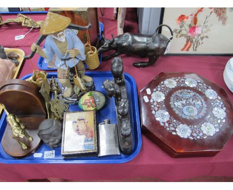 Thomas Blakemore Bookends, featuring brass sporting dogs, Chinese figure, Russian box and egg:- One Tray. Chinese lacquered o