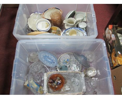 Glassware, to include cut glass tazza, decanter, plaster plaques, ceramics:- Two Boxes