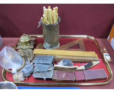 Brass Lion Head Door Knocker, inkwell, rulers, stencils, Antler knife, etc:- One Tray