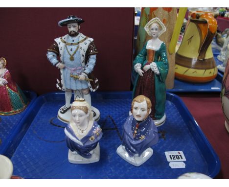 Sitzendorf Figure of Henry VIII, stamped 'S' under crown to oval base 20cm high and one of his wives similar. Royal Worcester