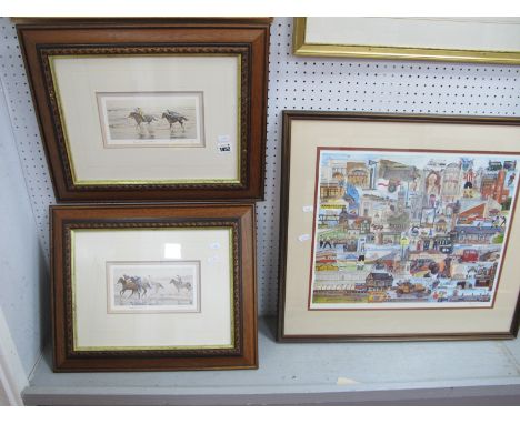 Terry Gorman, Sheffield Montage, colour print, signed, 38 x 47cm. D.M Dent 'Beach Bums' and 'Beach Combers' , both signed 8.5