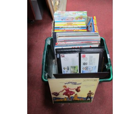 Two Albums of First Day Covers, modern Rupert, Dandy and Beano annuals and a small collection of easy listening lp's and sing