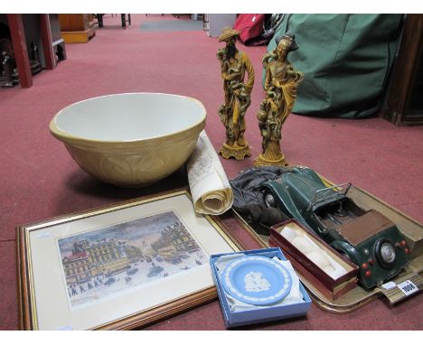 A Set of Blind Mans Dominoes, pair of resin figures, model car, clay pipes, Wedgwood dish:- One Tray. Greens mixing bowl, sig