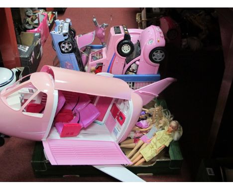 Seven Mattel Dolls, including Super woman, clothing:- One Box, pink aeroplane.