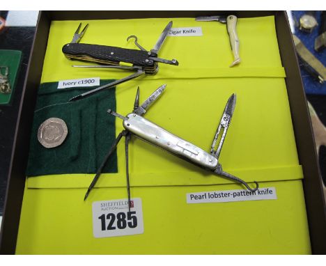 Pen Knives, Cigar knife, one blade broke but others intact, mother of pearl lobster pattern knife, one blade broken but with 