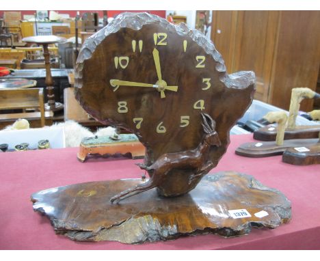 Parkes Knysna South African Stinkwood Mantle Clock, the face as a map of South Africa with Springbok to front, on naturalisti