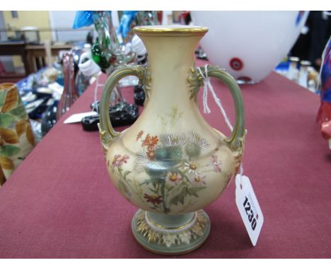 Royal Worcester Bulbous Vase, with green base and handles, hand painted thistle decoration on blush ivory ground, green backs