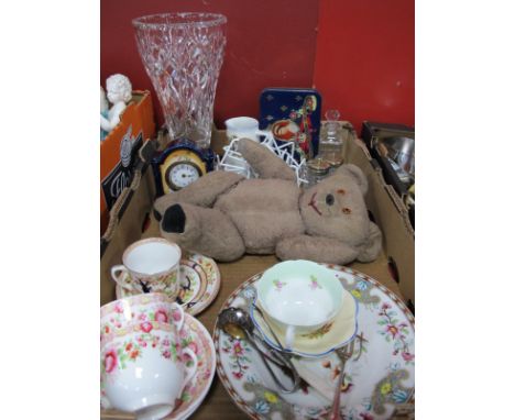 Conical Glass Vase, Edwardian ceramic cased mantle clock, teddy bear, cutlery, etc:- One Box