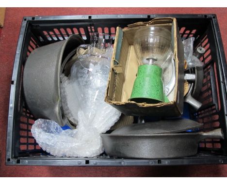 A Set of Cast Iron Cookware, unused; a vintage Bel Cream Maker, (in box priced 5/-), a glass wine funnel:- One Box