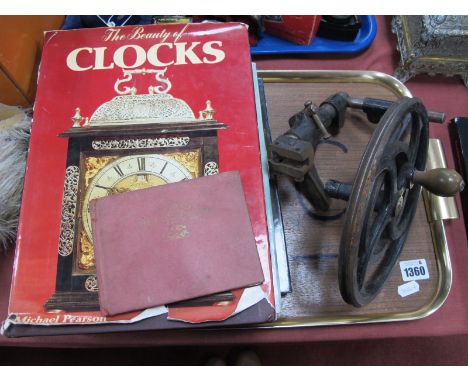 Iron Machine Tool, possibly watch/clockmakers lathe, circular wheel 20cm with attached handle and three lever handles on angu