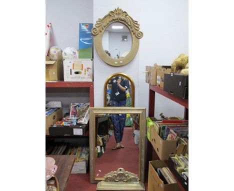 A Gilt Arched Framed Wall Mirror, 127cm high, rectangular wall mirror, ova example with tidy shelf.