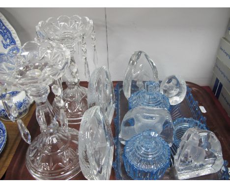 A Pair of Lustres, 21.5cm high, blue glass trinket set, paperweights:- One Tray.