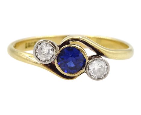 Art Deco 18ct gold three stone milgrain set diamond and synthetic sapphire ringCondition Report:Approx 2.4gm, size N, sapphir