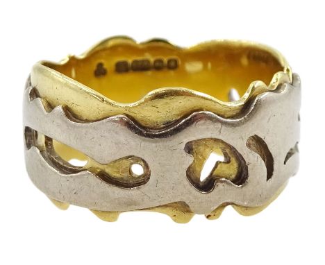 18ct gold ring, with abstract pierced white gold overlay, maker's mark MCT, Birmingham 1975Condition Report:Approx 6.46gm, si