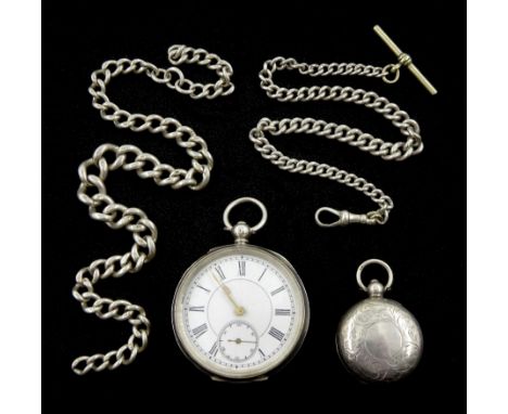 Swiss silver pocket watch, white enamel dial with Roman numerals and subsidiary seconds dial, on tapering silver chain, Edwar