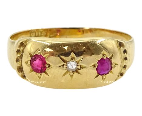 Victorian 18ct gold three stone gypsy set ruby, diamond and pink stone ring, hallmarked Condition Report:Approx 2gm, size O-P