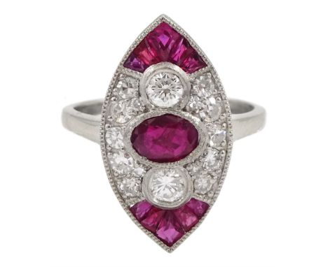 Platinum ruby and diamond marquise shaped ring, the central oval ruby, with round brilliant cut diamond surround and further 