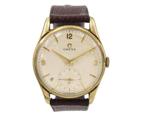 Omega gentleman's 9ct gold manual wind wristwatch, Cal. 268, serial No. 18119016, case No. 923 153101, silvered dial with sub