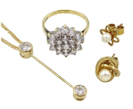 9ct gold jewellery including cubic zirconia cluster ring, cubic zirconia pendant necklace and two single pearl earringsCondit