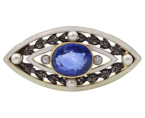 Early 20th century 15ct gold and silver sapphire, pearl, diamond and enamel brooch, the central cushion cut sapphire of appro