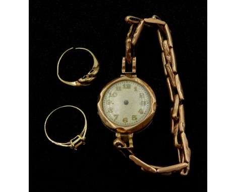 Early 20th century 9ct rose gold manual wind wristwatch, on 9ct rose gold expanding strap, 9ct gold ring shank and 14ct gold 