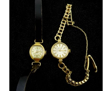 Tudor Royal 9ct gold ladies manual wristwatch, Chester 1959, on black leather strap and a Roamer 9ct gold ladies manual wind 
