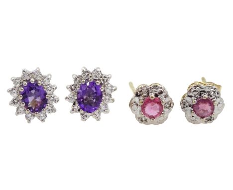 Pair of 9ct gold amethyst and cubic zirconia oval cluster earrings and a pair of ruby and diamond chip flower head cluster ea