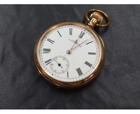A gold plated top wound pocket watch by Waltham, movement no: 11465224, having a Roman numeral dial with subsidiary seconds o