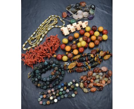 A branch coral necklace and a small  selection of polished stone necklaces etc