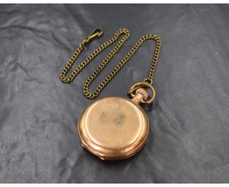 A gold plated top wound hunter pocket watch by Waltham, movement no: 18420640 having a Roman numeral dial with subsidiary sec
