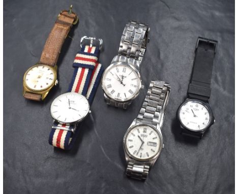 Five gent's wrist watches including Tissot 1853, Daniel Wellington 3ATM, ZEIH Calendar, Seiko 7546 &amp; Casio 705, non appea