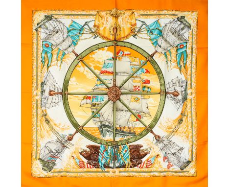 HERMÈS VINTAGE Seidencarré "VIVE LE VENT". By Laurence Thioune, Entwurf erstmals erschienen 1992. 100% Seide. Schifffahrt-Mot