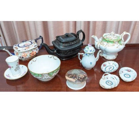 A Victorian Prattware “The Enthusiast” pot lid and base, 10cm diameter. Three Victorian/Edwardian teapots and a slop basin. A