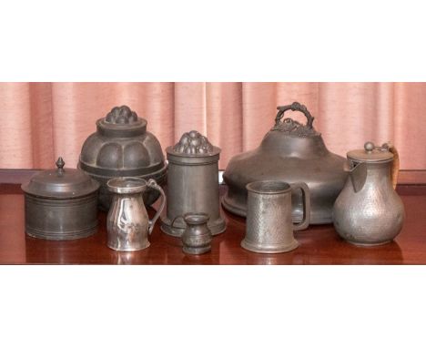 A Collection of mainly pewter, plate, and Britannia metal items including a quart ice cream mould, mugs, and Elkington teapot