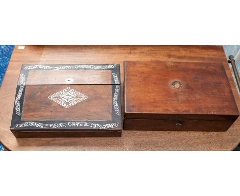 An early Victorian rosewood and mother of pearl inlaid work box, 35.5cm wide: another mahogany example, plain (both a.f) 