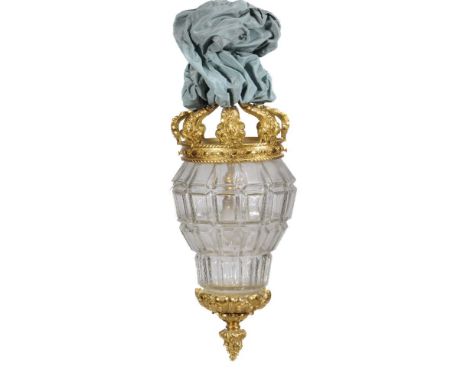 A gilt metal and glazed ceiling light in Louis XIV taste, second half 20th century, the faceted inverted baluster shade benea